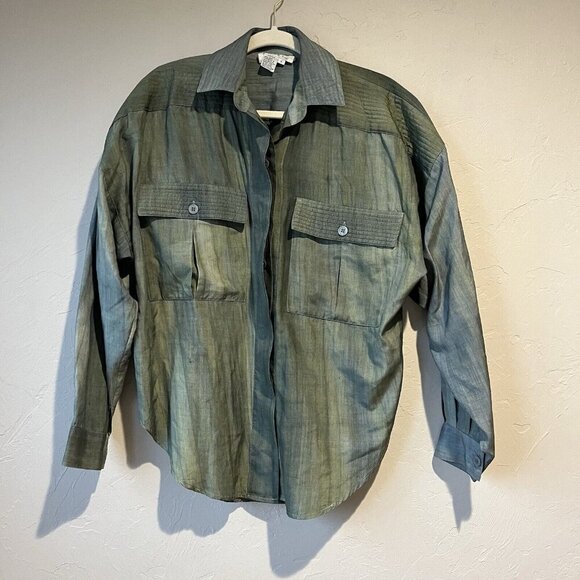 Vintage Silk Button Up Shirt Blouse Small Tie Dye Indie Classic Army Green Cute - Picture 1 of 14